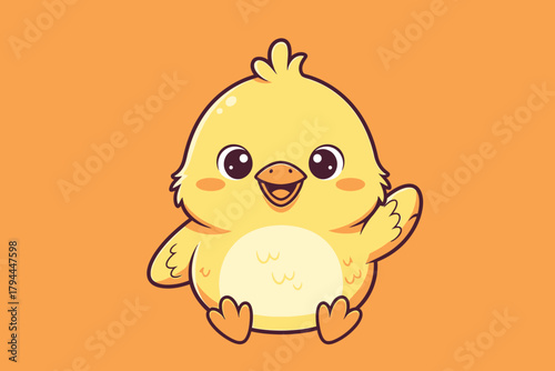Charming and adorable cartoon yellow chick illustration joyfully waving its wing, embodying a friendly greeting and cheerful spirit for various delightful designs