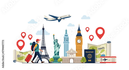 Traveler Tourist Trip Tour Vector – Adventure Trip Illustration with Backpack, Suitcase, and World Landmarks
