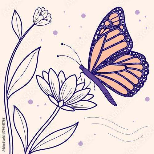 Butterfly on flower with leaves