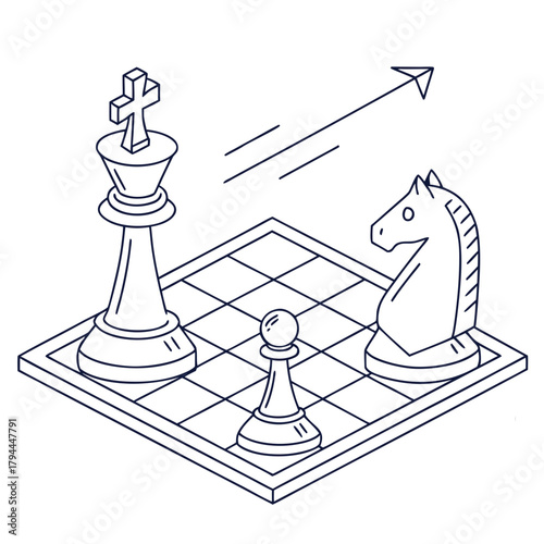 Chess pieces on a board with an arrow pointing up