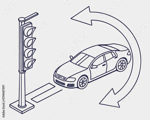 Illustration of a car making a uturn at a traffic light
