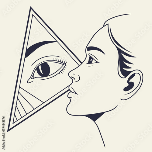 Woman looking at her eye reflected in a triangular mirror