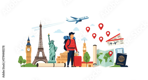 Traveler Tourist Backpacker Tour holiday Vector – Adventure Trip Illustration with Backpack, Suitcase, and World Landmarks