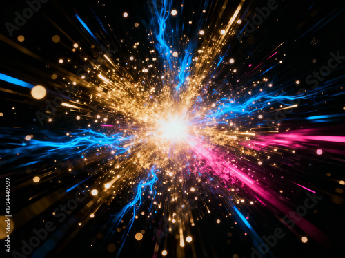 Celestial Burst of Energy: A vibrant cosmic explosion of energy, filled with glowing particles and streaks of radiant light, against a backdrop of the deepest black, embodying the power of creation.