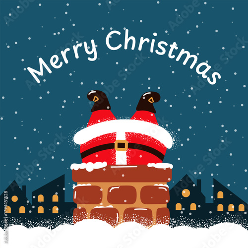Santa Claus stuck upside down in the chimney. Merry Christmas greeting card. Vector illustration.