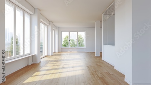 Wallpaper Mural Bright, empty room with large windows and wooden flooring. Natural light floods the space, creating a warm atmosphere. Ideal for interior design concepts. Torontodigital.ca