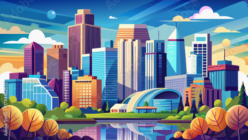 Very beautiful downtown view of Minneapolis, Minnesota, USA, showcasing modern skyscrapers, clean architectural lines, and a vibrant urban skyline under a bright atmospheric sky.