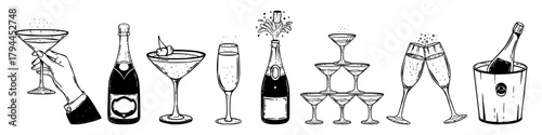 Whimsical champagne party set. Vintage hand drawn cocktail glasses, bottles, pyramid tower, bucket and celebratory drinks for wedding, holiday or festive menu design.