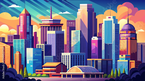 Very beautiful downtown view of Minneapolis, Minnesota, USA, showcasing modern skyscrapers, clean architectural lines, and a vibrant urban skyline under a bright atmospheric sky.