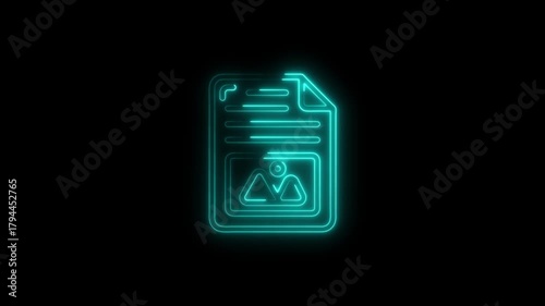 Cyan neon document icon with image inside on black background file paper