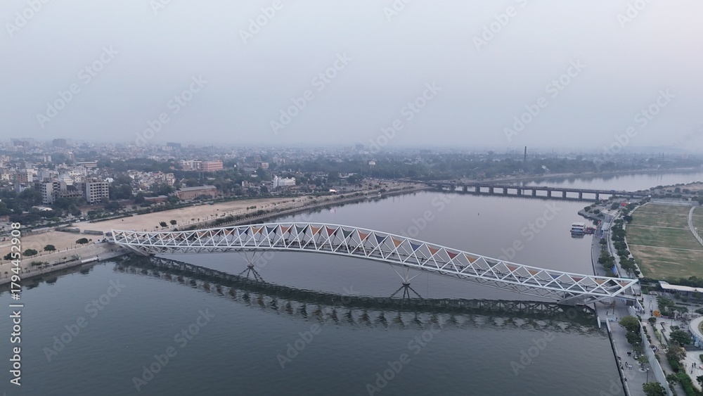 Fototapeta premium Atal Bridge, Ahmedabad City, Aerial View, Ahmedabad, Gujarat, India.