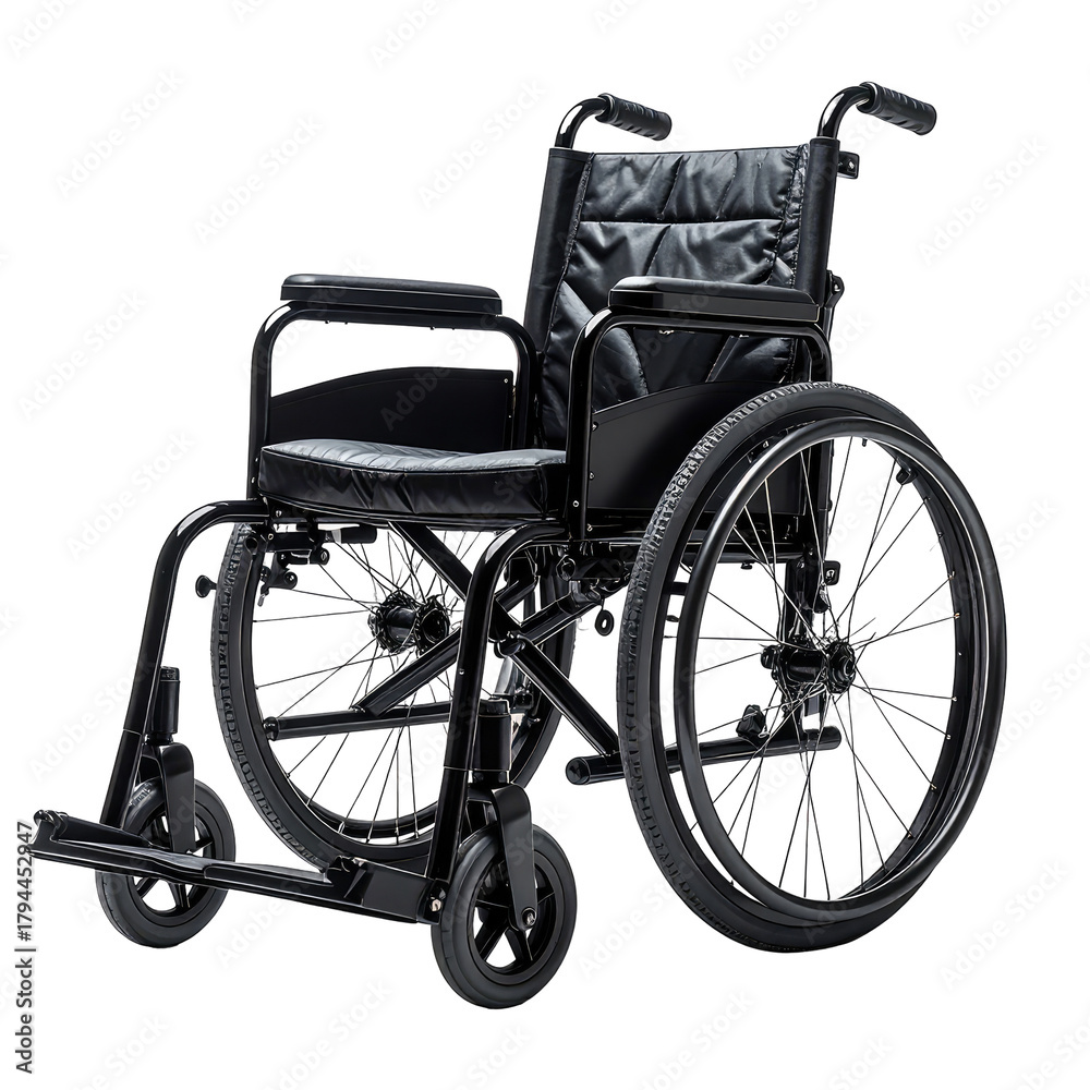 Fototapeta premium Black wheelchair, side view, featuring seat, wheels, armrests, and footrests, mobility aid