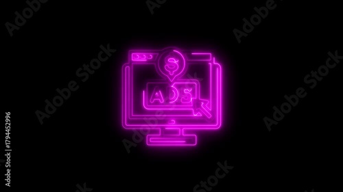 Pink neon computer screen with ads and dollar sign on black background monitor advertising