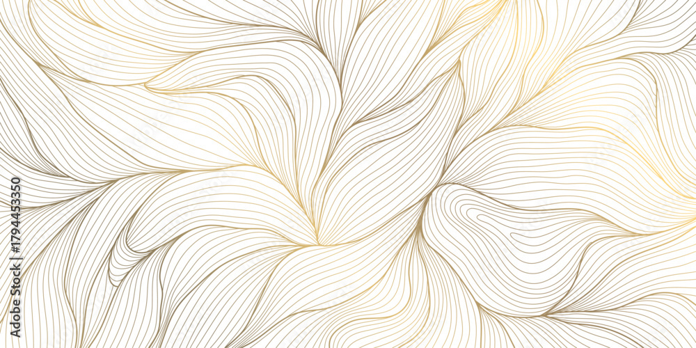 Fototapeta premium Luxury vector gold leaf pattern, elegant linear foliage, palm motifs, delicate floral elements background. Botanical nature wave illustration