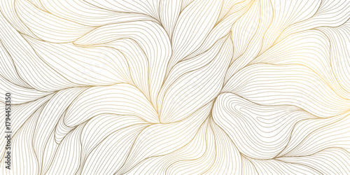Luxury vector gold leaf pattern, elegant linear foliage, palm motifs, delicate floral elements background. Botanical nature wave illustration