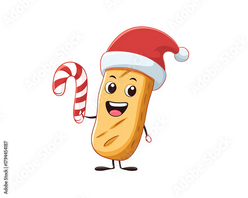 Cute Chip Character Holding Candy Cane with Santa Hat on transparent background