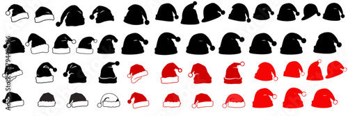 collection of stylized santa hats, presented in rows. The hats come in black and red color fills, with some having white outlines or fluffy white trim. Various shapes and perspectives are displayed.