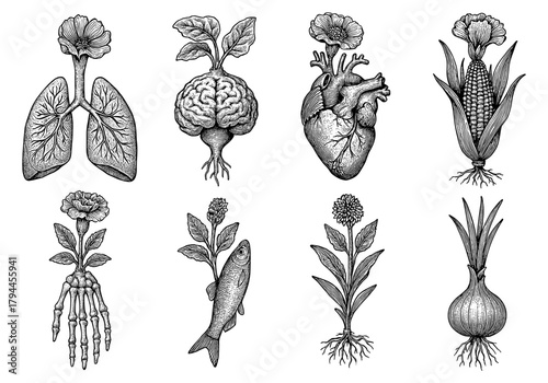 Surreal botanical and anatomical fusion in black and white engravings