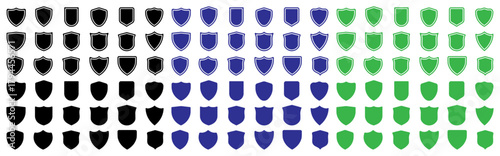 Clean shield security icon set in black, blue, and green tones, showing protection, safety, and privacy concepts with bold shapes. Useful for UI, apps, cybersecurity, shield, icon, badge, vector, icon