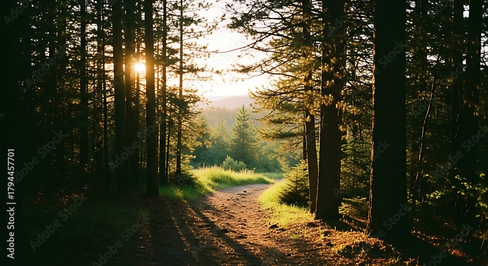 Obraz premium Sunlit Path Through a Dense Forest at Dusk.