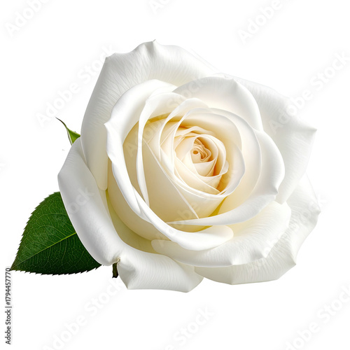 Close-up of a perfect white rose, single leaf, against black background