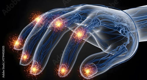 3D medical illustration of the human nervous system, Hand Pain Anatomy Illustration with Inflammation and Neural Netw