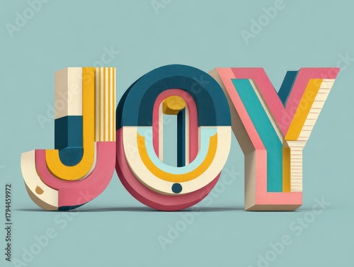 Vibrant 3D layered typography spelling JOY on a light blue background