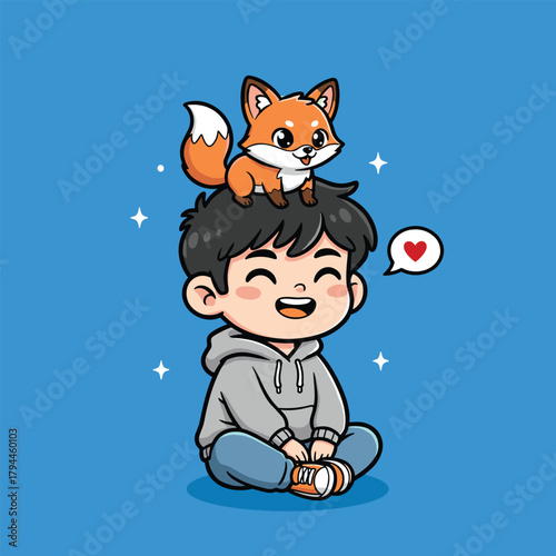 Adorable cartoon boy sitting with a cute fox perched on his head vector illustration