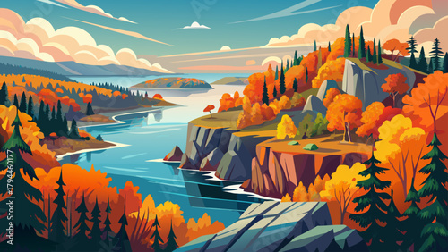 Very beautiful panoramic view of Minnesota’s North Shore of Lake Superior showcasing brilliant fall colors, featuring vibrant forests, rugged shoreline, rolling hills, and shimmering lake waters that 