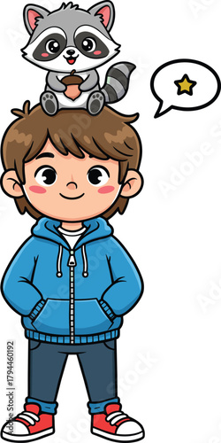 Cute cartoon boy wearing a blue hoodie with a playful raccoon on his head vector illustration