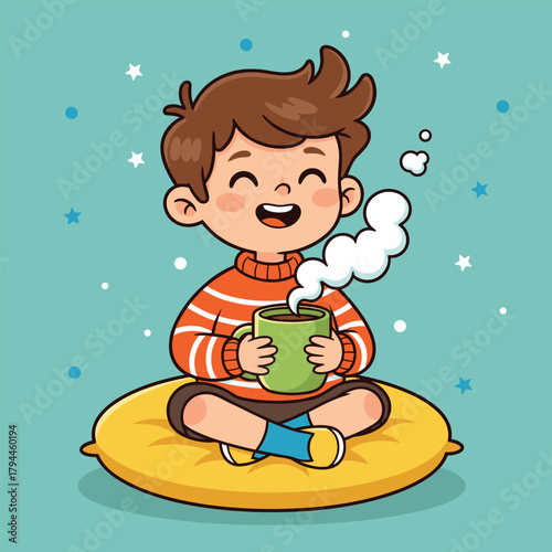Joyful young boy happily enjoying a warm cup of steaming hot chocolate on a cold day vector illustration
