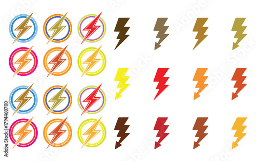 Colorful lightning bolt icons in a variety of shapes and hues