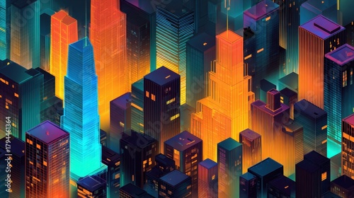 Vibrant Isometric Cityscape with Neon Glow and Abstract Architecture