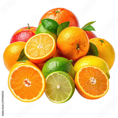 Citrus pyramid with oranges, lemons, limes, grapefruit. Lush leaves