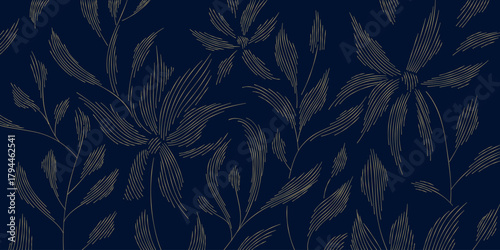 Luxury floral design, gold flowers motifs, elegant line art, Chinese pattern, background. Botanical vector illustration, oriental ornament, wedding invitation, premium card, poster, print