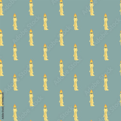 Repeating vector pattern of lit yellow candles and melted wax details on teal background. Cozy and symbolic design ideal for Christmas wrapping paper, textiles, or spiritual-themed decor
