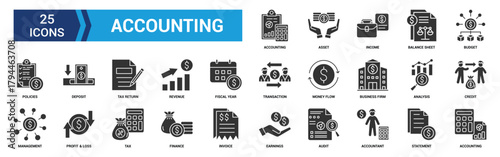 Accounting icon set. Containing financial statement, accountant, financial audit, invoice, tax calculator, business firm, tax return, income and balance sheet icons. Glyph icon collection.
