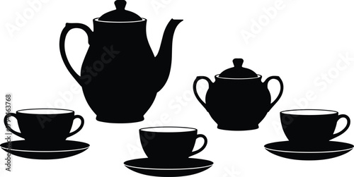 Elegant black tea set silhouettes with tall teapot, sugar bowl, and teacups on saucers, classic vintage vector kitchenware design
