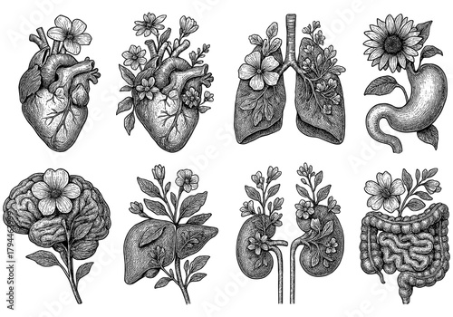Intricate hand-drawn floral organs: heart, lungs, brain, liver, kidneys, stomach, intestines