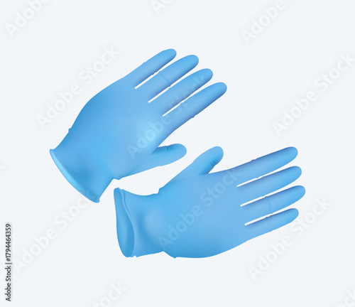 Latex gloves as a symbol of protection against viruses and bacteria. Precaution icon. Pair of medical gloves isolated on white. Doctors hands in blue rubber gloves. 3D render vector illustration
