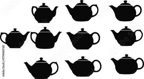 Collection of teapot silhouette icons in various shapes and designs, perfect for kitchen decor, tea themes, beverage graphics and minimalist illustrations