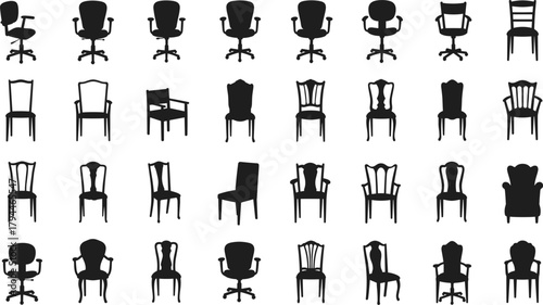 Large collection of classic and modern chair silhouettes featuring vintage dining chairs, office chairs, elegant seating designs and furniture decoration elements