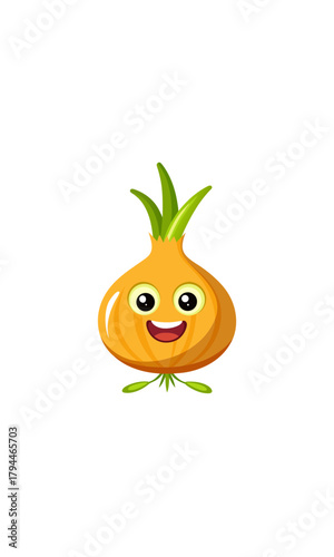 Cartoon onion with a smiling face and green sprouts on transparent background