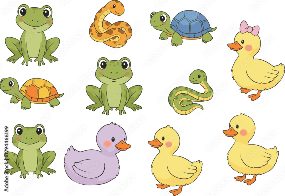 Naklejka premium Cute cartoon collection of baby frogs, turtles, snakes and ducklings in colorful adorable style for kids education, nursery design and illustrations
