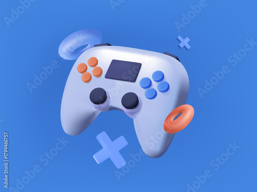 Gaming Controller On Blue Background. Glossy Game Controller. Bright blue Game Controller with Buttons Floating. Perfect For Esports, Tournaments, And Game Interfaces. 3D render Vector Illustration