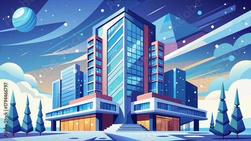 A contemporary office tower with sharp geometric lines gently softened by falling snowflakes, blending modern urban design with a peaceful winter atmosphere