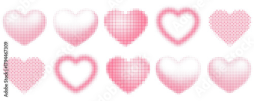 Set of different shaped hearts with halftone effect. Monochrome, pop art style dotted hearts, isolated on white background. Vector illustration