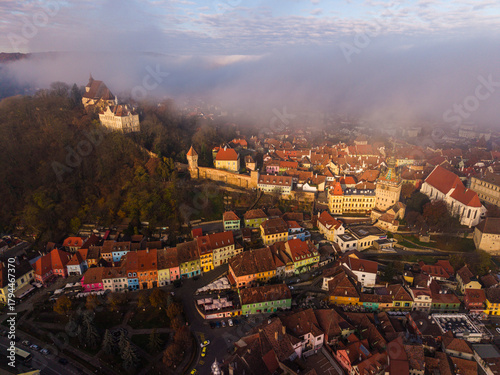 Colorful Aerial View of Sighișoara Old Town in Transylvania, Romania