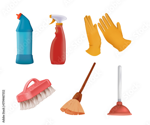 Cleaning supplies set. Home chemical detergent in bottles, household tools, equipment. Brush, mop and gloves, housework accessories. 3D render graphic vector illustrations isolated on white background