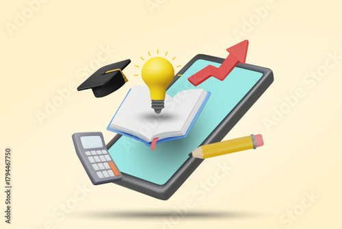 3D vector illustration render of online learning and e-learning concept with smartphone, graduation cap, light bulb idea, calculator, upward trend graph for academic success, knowledge growth.